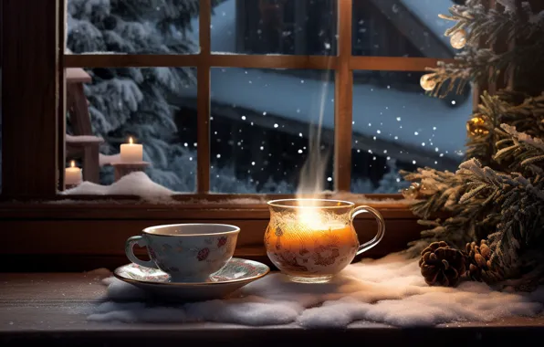 Зима, снег, снежинки, ночь, елка, свеча, Новый Год, окно