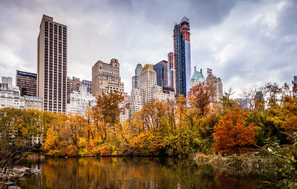 Осень, город, парк, небоскребы, USA, америка, сша, New York City