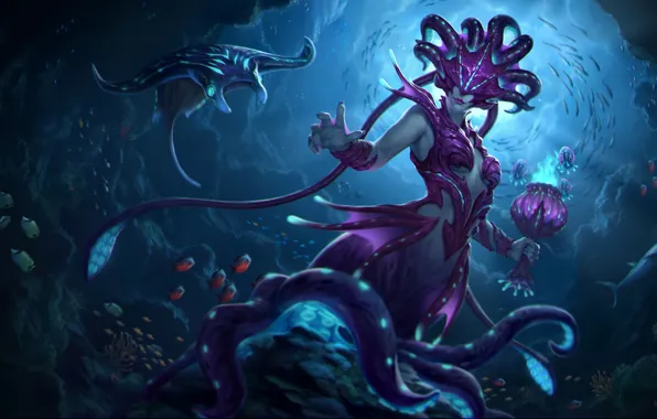 Фантастика, медуза, рыба, smite, Depths, девушка art, Nox, atlantis skin