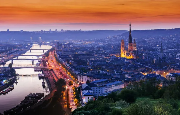Картинка город, огни, вечер, Нормандия, Руан, Франци