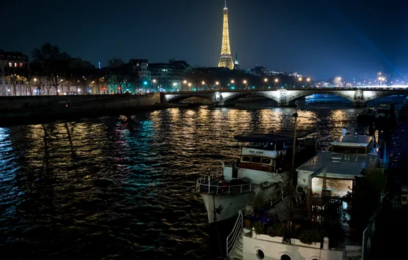 Картинка деревья, ночь, мост, огни, река, Франция, Париж, дома