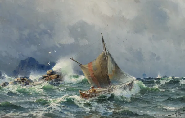 Картинка волны, птицы, камни, скалы, парус, кораблик, Herman Gustav Sillen, Бурное море