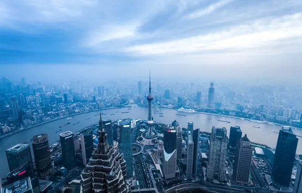 Картинка туман, река, синева, дома, небоскребы, панорама, Китай, Шанхай