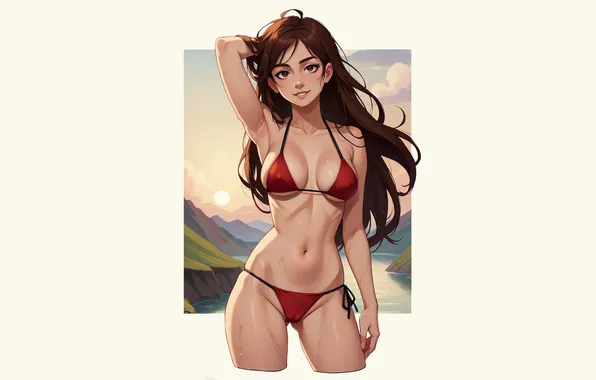 Kawaii, girl, long hair, stretch, anime, background, mountains, cartoon