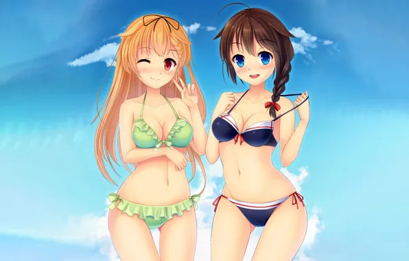 Sexy, cleavage, long hair, girls, brown hair, boobs, anime, blue eyes