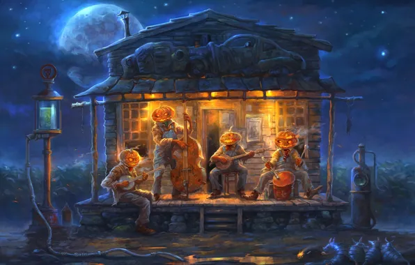 Картинка ночь, дом, луна, арт, тыквы, Halloween, крысы, оркестр