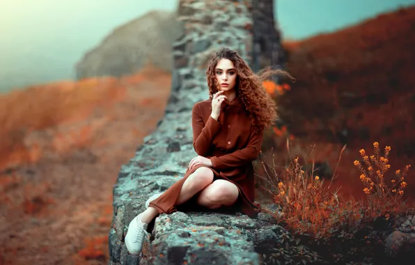 Поле, взгляд, девушка, цветы, природа, поза, ноги, руки