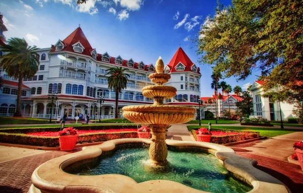 Картинка Флорида, фонтан, курорт, Florida, Walt Disney World, Диснейуорлд, Disney's Grand Floridian Resort, Windermere