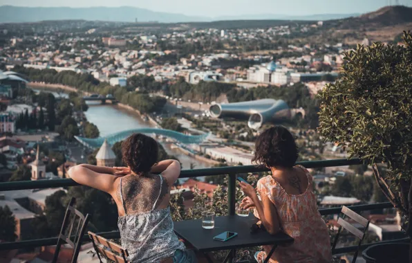 Женщины, мост, река, панорама, Грузия