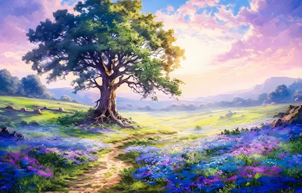 Пейзаж, природа, вид, цифровое искусство, ИИ-арт, нейросеть, искусство искусственного интеллекта