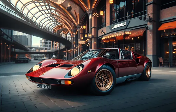 Красный, город, здания, галерея, арка, Lamborghini Miura, Lambordgini