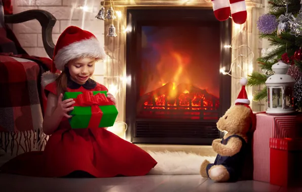 Подарок, Рождество, девочка, Новый год, камин, Christmas, toy, New Year