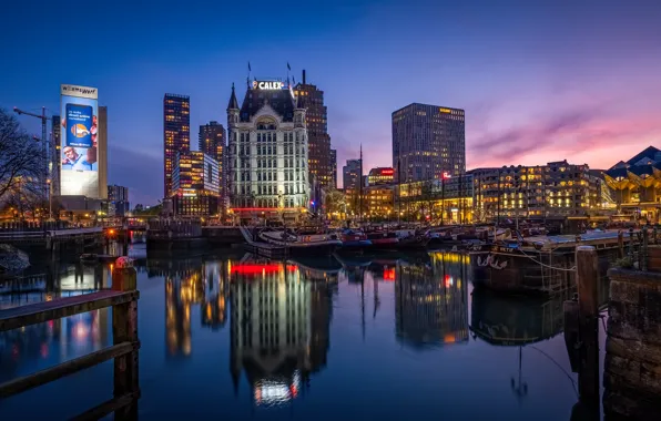 Отражение, река, здания, дома, порт, Нидерланды, ночной город, Netherlands