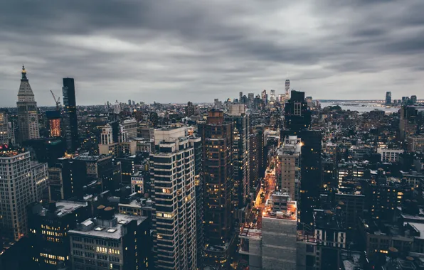 Облака, улица, Нью-Йорк, панорама, сумерки, Манхэттен, Соединенные Штаты, дождливый
