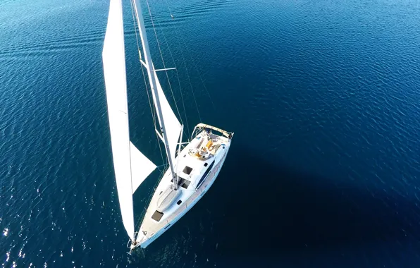 Море, путь, ветер, яхта, паруса, drone view, sailboat Elan-45, birds eye angle