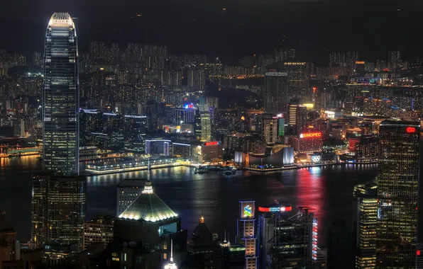 Город, китай, Гонконг, небоскребы, неон, высотки, ночь.