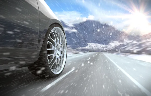 Картинка дорога, снег, разметка, колесо