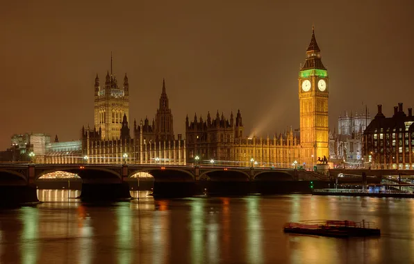 Картинка ночь, мост, огни, река, Англия, Лондон, башня, Темза