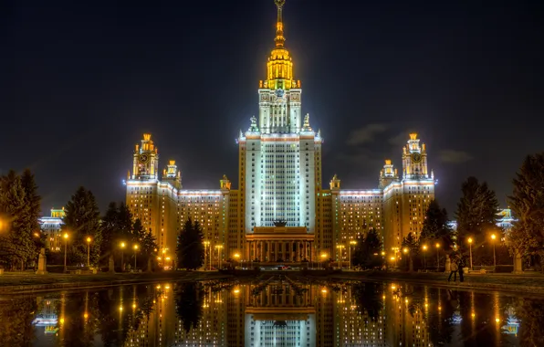 Картинка ночь, огни, отражение, здание, фонари, Москва, университет, водоканал
