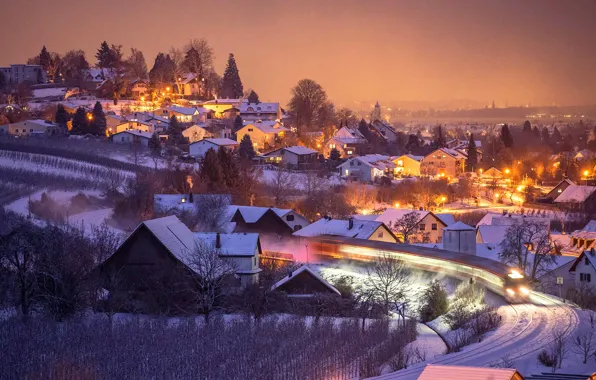 Зима, ночь, огни, дома, Германия, склон, Бавария, Германсберг