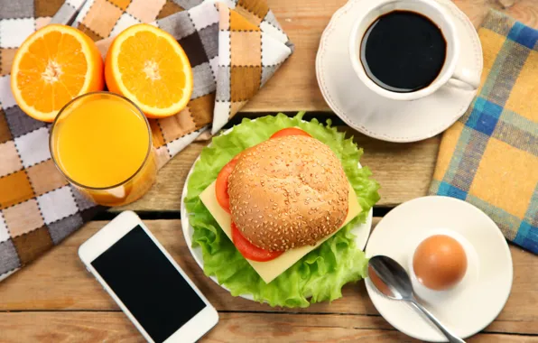 Кофе, завтрак, сок, бутерброд, good morning