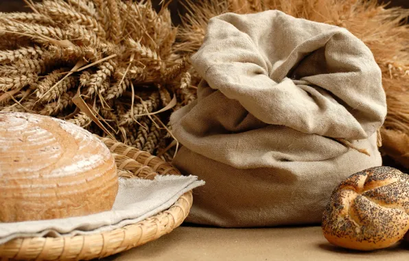 Пшеница, еда, хлеб, колосья, мешок, блюдо, булка, булочка