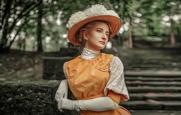 Взгляд, девушка, ретро, парк, фото, шляпа, лестница, боке