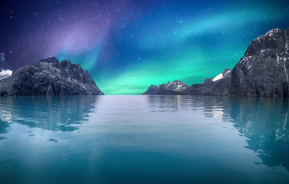 Картинка горы, ночь, рендеринг, берег, северное сияние, водоем