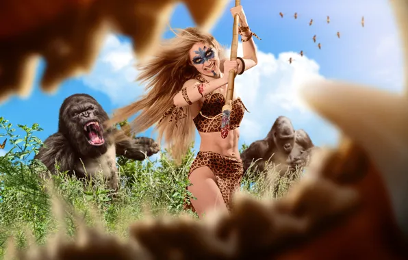 Woman, spear, make up, teeth