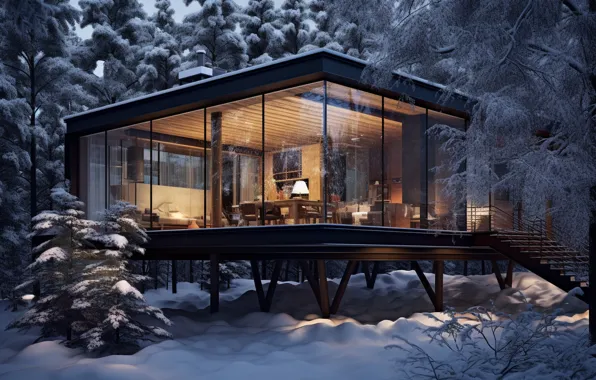 Картинка зима, лес, стекло, снег, ночь, дом, house, forest