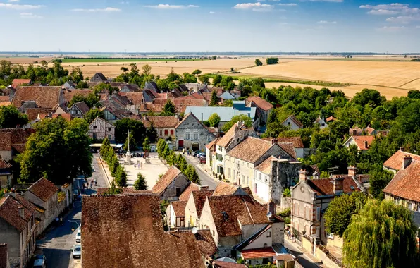 Картинка пейзаж, Франция, поля, дома, городок, Provins, Провен
