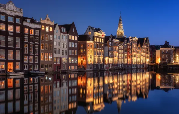 Картинка вода, отражение, здания, дома, Амстердам, канал, Нидерланды, Amsterdam