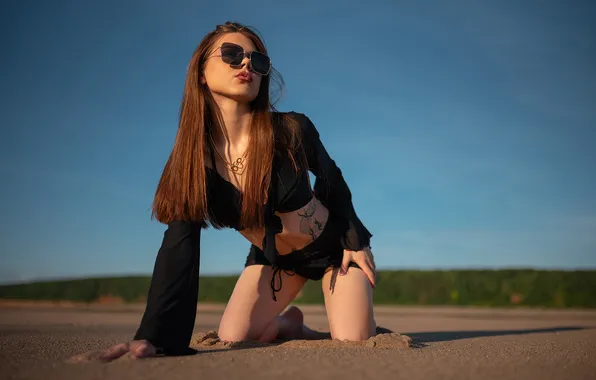 Girl, sexy, beautiful, model, tattoo, sweet, sunglasses, long-haired