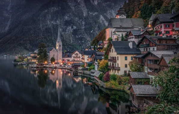 Картинка горы, озеро, отражение, здания, дома, Австрия, Альпы, Austria