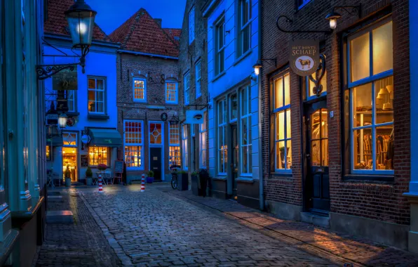 Ночь, улица, HDR, фонари, Нидерланды, Netherlands, Heusden