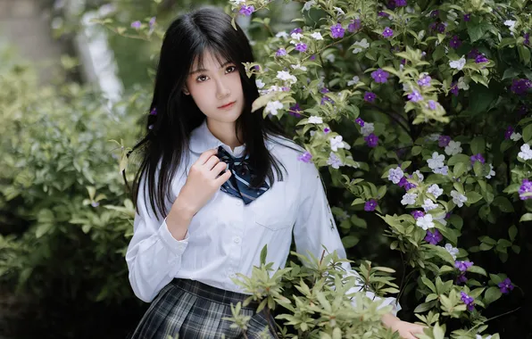 Beautiful, Asian, Model, Flower, Woman, Pretty, Outdoor, Uniform