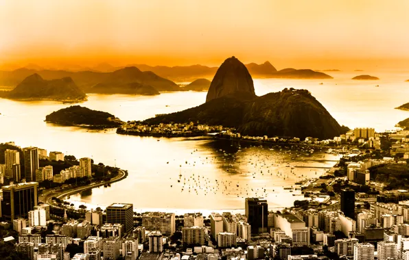 Рассвет, панорама, Бразилия, вид сверху, Рио-де-Жанейро, Rio de Janeiro