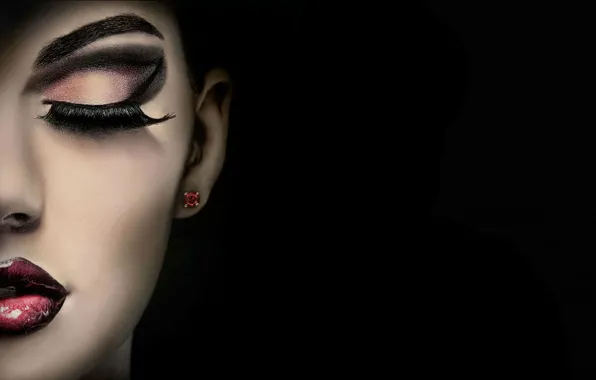 Картинка девушка, лицо, ресницы, макияж, губы, черный фон, половина лица, close up