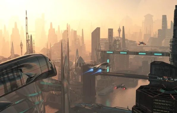 Future, sky, spaceships, towers, megapolis, hazydays