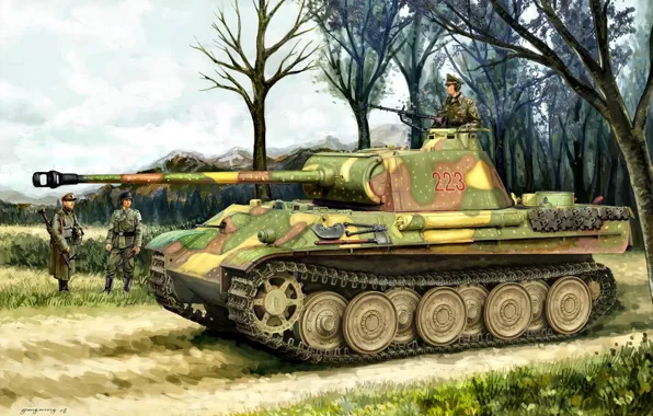 Картинка Рисунок, солдаты, танк, средний, Panzerkampfwagen V Panther, Немецкий, Вторая Мировая война, WW2