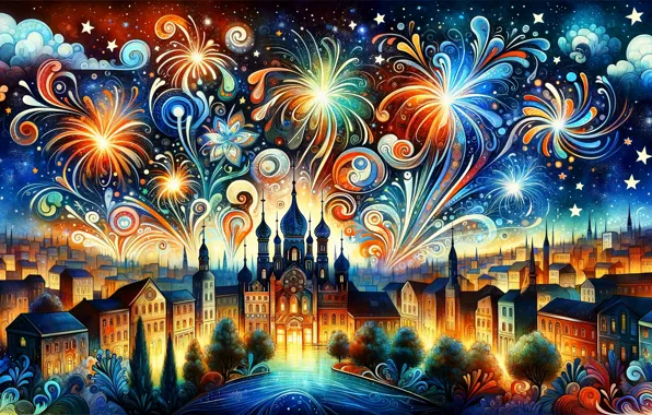 Ночь, город, огни, темный фон, праздник, графика, здания, салют