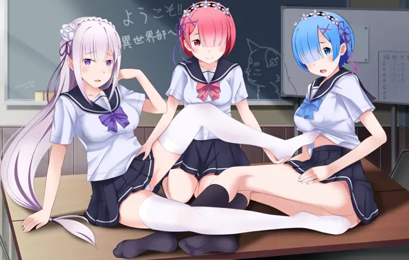 Girl, sexy, school uniform, long hair, boobs, anime, beautiful, short hair