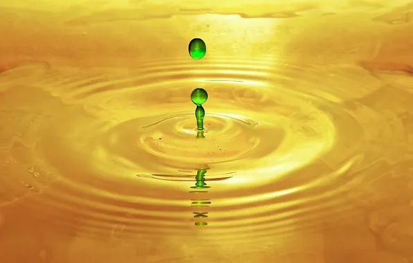 Вода, капли, круги, зеленое, желтая