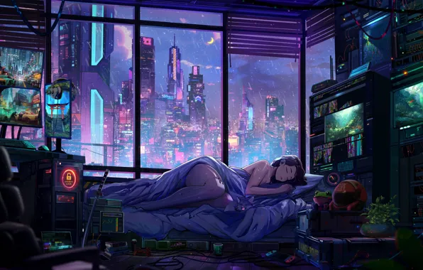 City, girl, night, cat, art, katana, cyberpunk, window