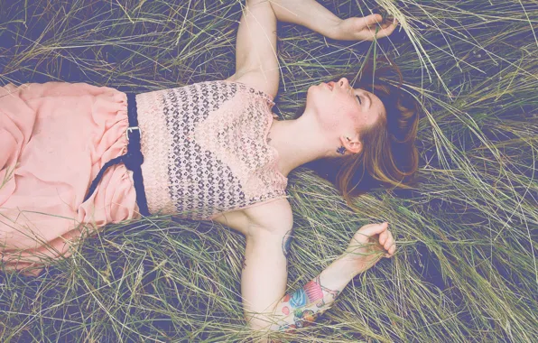 Girl, grass, bra, blouse, field, woman, model, tattoo