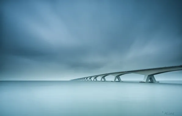 Море, небо, вода, облака, тучи, мост, Нидерланды, Netherlands