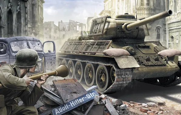 Картинка война, рисунок, арт, засада, солдат, РККА, Т-34-85, советский средний танк периода Великой Отечественной войны