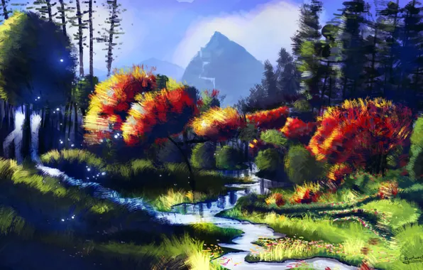 Картинка осень, деревья, пейзаж, природа, арт, речка, живопись