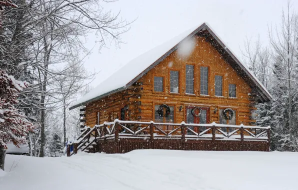 Картинка зима, небо, снег, деревья, дом