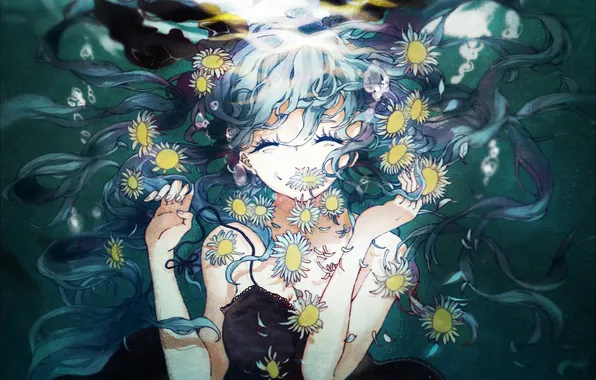 Картинка девушка, цветы, аниме, арт, vocaloid, hatsune miku, под водой, dizi930